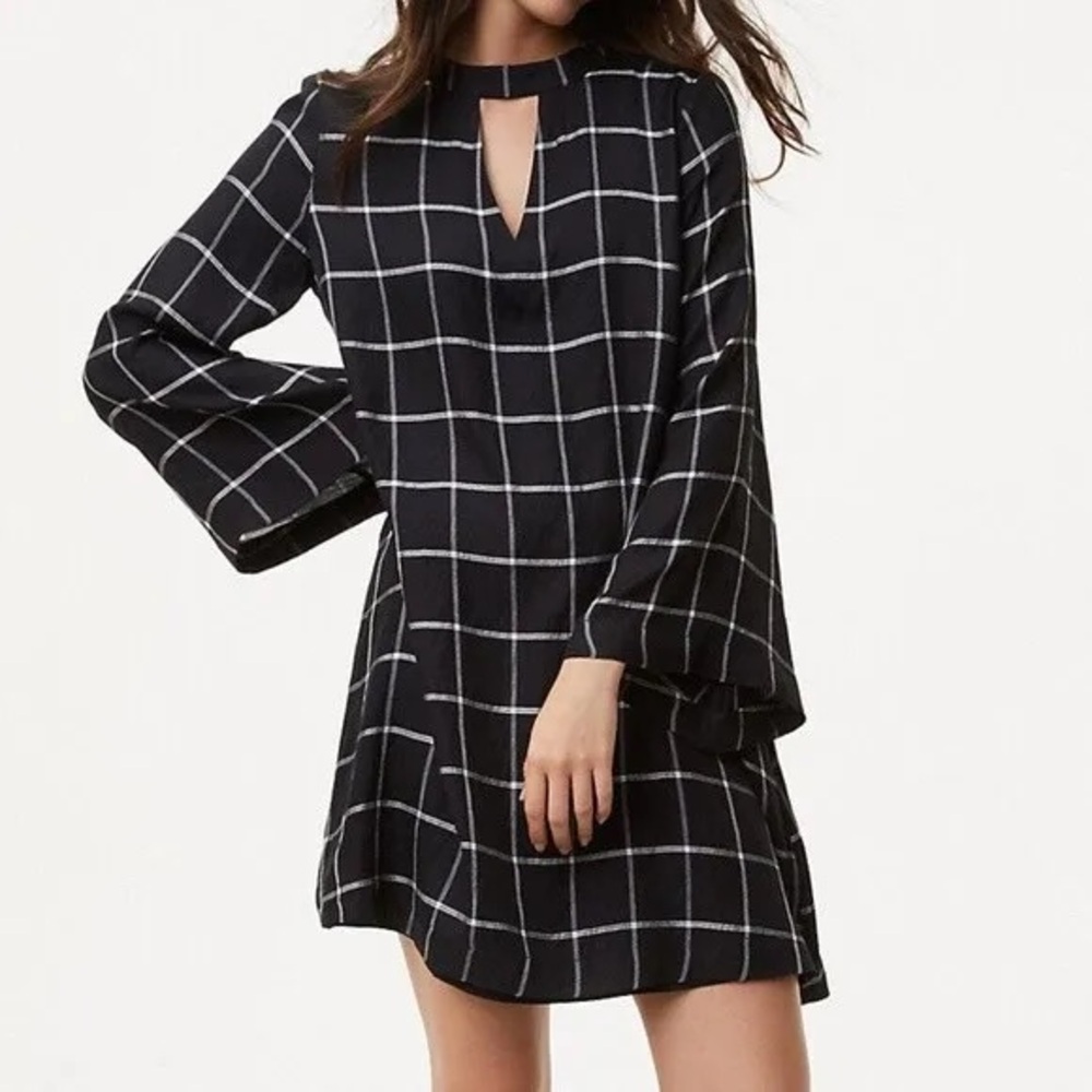 NWT Ann Taylor Loft Black White Windowpane Plaid Flare Sleeve‎ Shift Dress Sz XS